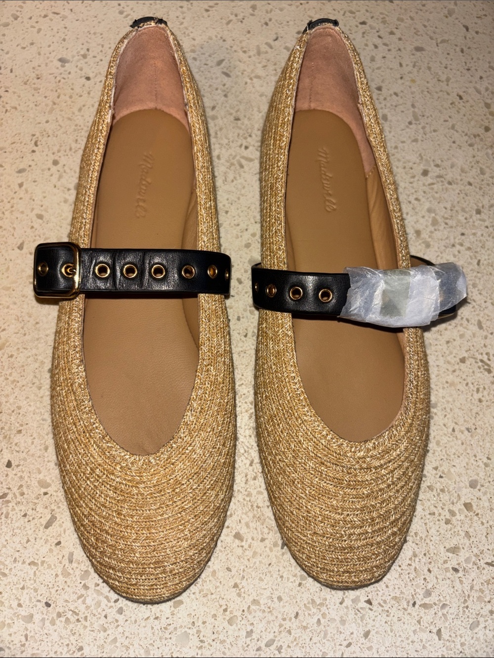 Madewell Tan Woven Mary Jane Flats with Black Strap